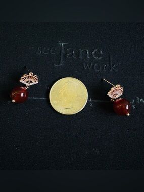 Gold Tone Red Bead Crown Drop Earrings
